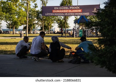 Istanbul Turkey; People Having Barbecue Under The 