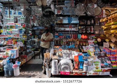 Istanbul, Turkey - September 05, 2019 - Independent Shop Keeper On His Stall In  Grand Bazar Old Town Istanbul