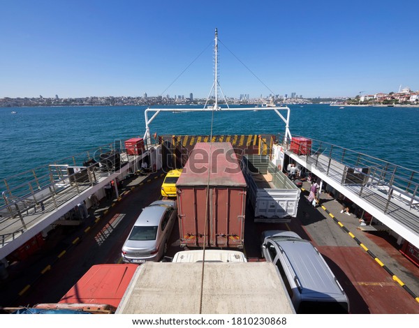 \
Istanbul Turkey September 1 2020 The ferry,\
which transports vehicles and passengers between Harem Sirkeci,\
meets an important need for transportation between two continents\
in city traffic.