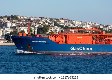 ISTANBUL, TURKEY -  SEPTEMBER 12, 2020: Gaschem Rhone LPG Tanker At The Marmara Sea. IMO Number: 	9401570. LPG Carrier Built In 2008 By Severin, Germany. 