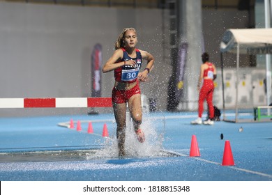 ISTANBUL, TURKEY - SEPTEMBER 12, 2020: Athletes Running 3000 Metres Steeplechase During Balkan U20 Athletics Championships