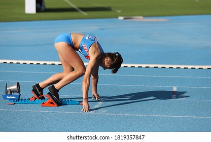 ISTANBUL, TURKEY - SEPTEMBER 12, 2020: Undefined Athlete Running 400 Metres Hurdles During Balkan U20 Athletics Championships