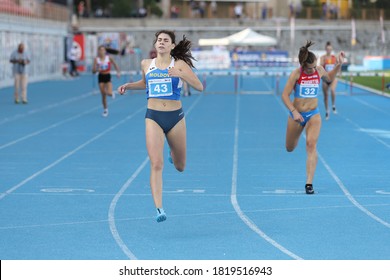 ISTANBUL, TURKEY - SEPTEMBER 12, 2020: Athletes Running 400 Metres Hurdles During Balkan U20 Athletics Championships