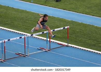 ISTANBUL, TURKEY - SEPTEMBER 12, 2020: Undefined Athlete Running 400 Metres Hurdles During Balkan U20 Athletics Championships