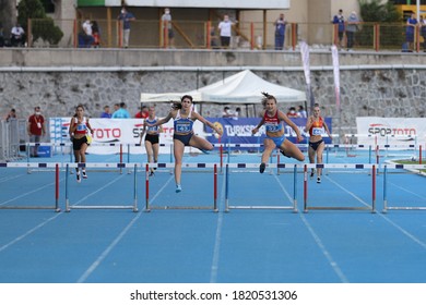 ISTANBUL, TURKEY - SEPTEMBER 12, 2020: Athletes Running 400 Metres Hurdles During Balkan U20 Athletics Championships