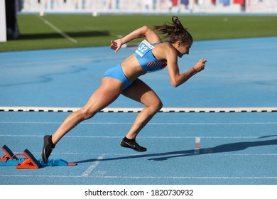 ISTANBUL, TURKEY - SEPTEMBER 12, 2020: Undefined Athlete Running 400 Metres Hurdles During Balkan U20 Athletics Championships