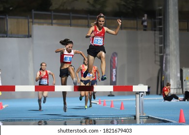 ISTANBUL, TURKEY - SEPTEMBER 12, 2020: Athletes Running 3000 Metres Steeplechase During Balkan U20 Athletics Championships