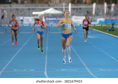 ISTANBUL, TURKEY - SEPTEMBER 12, 2020: Athletes Running 400 Metres Hurdles During Balkan U20 Athletics Championships