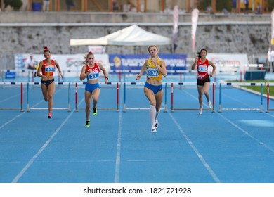 ISTANBUL, TURKEY - SEPTEMBER 12, 2020: Athletes Running 400 Metres Hurdles During Balkan U20 Athletics Championships