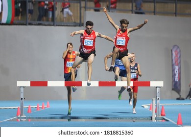 ISTANBUL, TURKEY - SEPTEMBER 13, 2020: Athletes Running 3000 Metres Steeplechase During Balkan U20 Athletics Championships