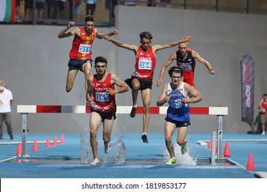 ISTANBUL, TURKEY - SEPTEMBER 13, 2020: Athletes Running 3000 Metres Steeplechase During Balkan U20 Athletics Championships