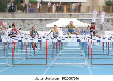 ISTANBUL, TURKEY - SEPTEMBER 13, 2020: Athletes Running 100 Metres Hurdles During Balkan U20 Athletics Championships