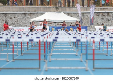 ISTANBUL, TURKEY - SEPTEMBER 13, 2020: Athletes Running 100 Metres Hurdles During Balkan U20 Athletics Championships