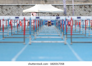 ISTANBUL, TURKEY - SEPTEMBER 13, 2020: Athletes Running 100 Metres Hurdles During Balkan U20 Athletics Championships