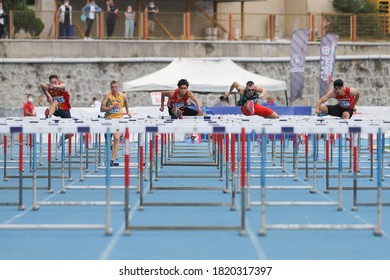 ISTANBUL, TURKEY - SEPTEMBER 13, 2020: Athletes Running 100 Metres Hurdles During Balkan U20 Athletics Championships