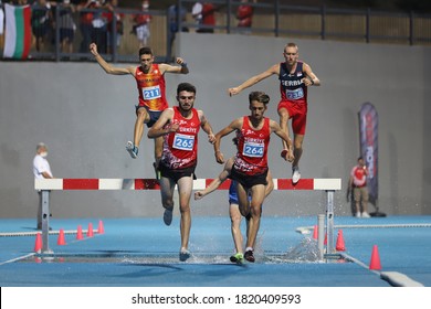 ISTANBUL, TURKEY - SEPTEMBER 13, 2020: Athletes Running 3000 Metres Steeplechase During Balkan U20 Athletics Championships