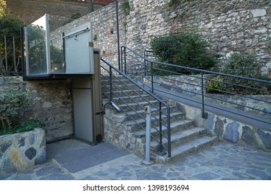 Istanbul, Turkey - September 17, 2017 : A wheelchair lift for disabled people at The Istanbul, Tophane-i Amire Art Center.
