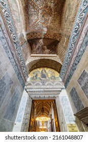 Istanbul, Turkey - September 19, 2021: The Vestibule Mosaic Of Hagia Sophia. Justinian Is Giving A Model Of Hagia Sophia While Constantine Is Presenting The City Of Constantinople To Mary And Christ.