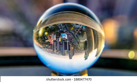 Istanbul, Turkey - September 2019: Istanbul Cityscape In A Clear Glass Crystal Ball. Levent Is The Finance District Of Istanbul With Skyscrapers And Tall Buildings.
