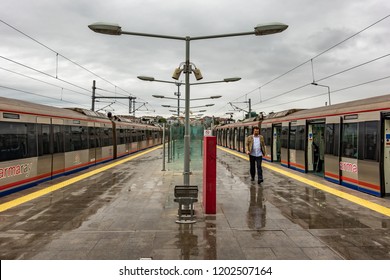 Istanbul, Turkey, September 23., 2018: Marmaray Subway Terminus In A Suburb Of Istanbul In The Rain