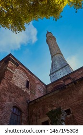 Istanbul, Turkey, September 23., 2018: Minaret, photographed diagonally from below, at the side of an outbuilding of Hagia Sofia
