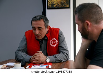 ISTANBUL / TURKEY - SEPTEMBER 26, 2018: The President Of Progressive Trade Union Of Construction Workers (DEV YAPI-IS) Ozgur Karabulut Is Giving Interview About New Airport Construction Worker's.