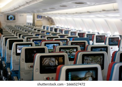 ISTANBUL, TURKEY - SEPTEMBER 29, 2018: Turkish Airline Aircraft (THY) Commercial airplane seats with inflight entertainment displays/screens viewed from the rear.
