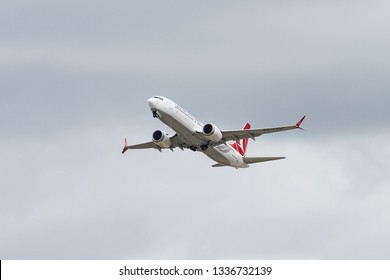 ISTANBUL, TURKEY - SEPTEMBER 30, 2018: Turkish Airlines Boeing 737-8MAX (CN 60037) Takes Off From Istanbul Ataturk Airport. THY Grounds Boeing 737 MAX Planes After Ethiopia Crash
