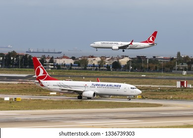 ISTANBUL, TURKEY - SEPTEMBER 30, 2018: Turkish Airlines Boeing 737-8MAX (CN 60032) Landing To Istanbul Ataturk Airport. THY Grounds Boeing 737 MAX Planes After Ethiopia Crash