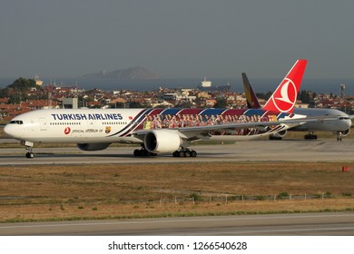 ISTANBUL, TURKEY SEPTEMBER 6, 2012 Turkish Airlines Airplane Taxiing At Atatürk International Airport