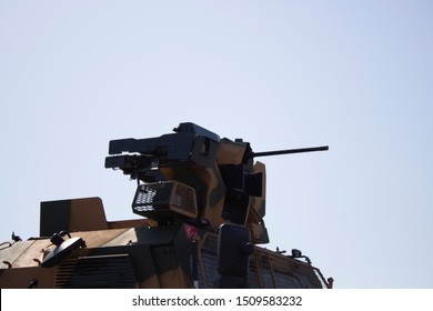 Istanbul, Turkey - September-18,2019: Turkish Ground Forces Remote Controlled Vehicle Gun. Sharp Name Is Given. Bright Sky In The Background.