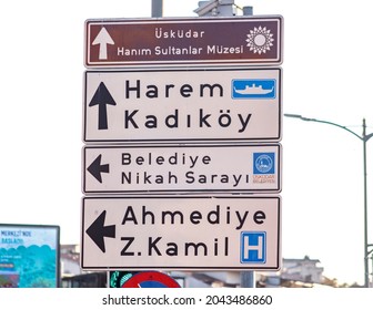 Istanbul, Turkey, Street Sign Or Road Sign, Erected At The Side Of Road To Show  Direction Of  Harem, Kadikoy, Marriage License Bureau ( Kadıköy, Nikah Sarayı, Zeynep Kamil ) September 16,2021