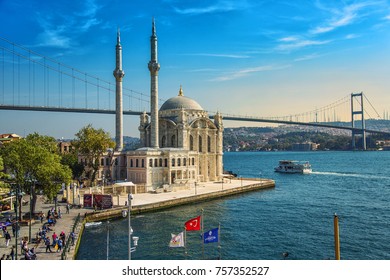 ISTANBUL, TURKEY: Top View Of Ortakoy Mosque And Bosphorus Bridge On October 5, 2017