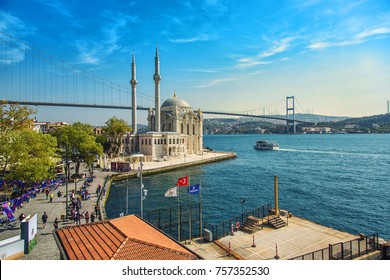 ISTANBUL, TURKEY: Top View Of Ortakoy Mosque And Bosphorus Bridge On October 5, 2017