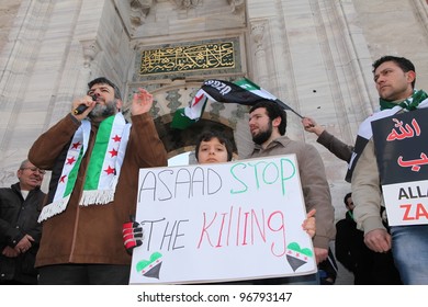 ISTANBUL, TURKEY-MARCH 2: A group of unidentified people stage a demonstration in front of the Beyazit Mosque, protesting Syrian authorities' violent crackdown in Homs, on March 2, 2012 in Istanbul,Turkey