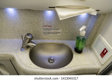 Istanbul, Turkey-may 04, 2019: International Airport Sabiha Gökçen International Airport,washbasin,liquid Soap, Napkins In The Toilet Cubicle Of A Passenger Plane Of The Turkish Airlines