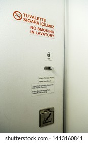 Istanbul, Turkey-may 04, 2019: International Airport Sabiha Gökçen International Airport,the Door To The Toilet Cabin In The Passenger Cabin Of Turkish Airlines