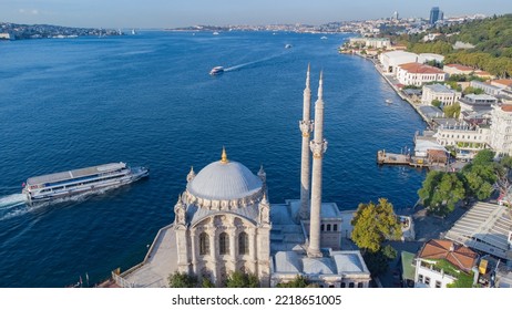 Istanbul, Turkiye - 13.09.2022: Aerial Drone View Of Ortaköy Mosque On The Bosporous In Istanbul