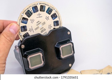 Istanbul/Turkey - 04.11.2019: View Master, Retro 3D Photo Viewer And It's Reel On White Background