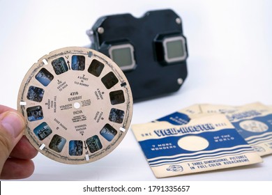 Istanbul/Turkey - 04.11.2019: View Master, Retro 3D Photo Viewer And It's Reel On White Background