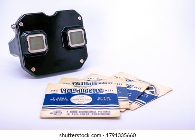 Istanbul/Turkey - 04.11.2019: View Master, Retro 3D Photo Viewer And It's Reel On White Background