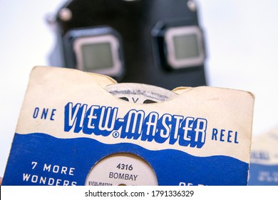 Istanbul/Turkey - 04.11.2019: View Master, Retro 3D Photo Viewer And It's Reel On White Background