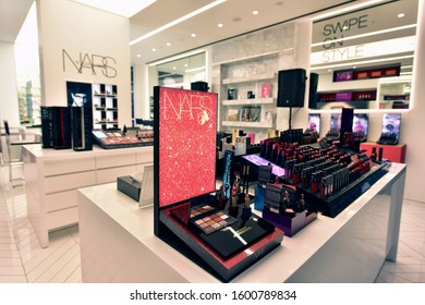 Istanbul/Turkey, December 2019; Shop NARS Brand Cosmetics Luxury Cosmetics Store. NARS Cosmetics Sit On Display. Interior View Of Nars Branded Cosmetic Shop. Inside A Nars Shop.