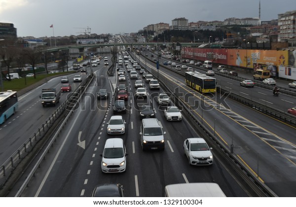 ISTANBUL,TURKEY- January 21,2019: Heavy\
evening traffic. Bakırkoy District in Istanbul city\
-