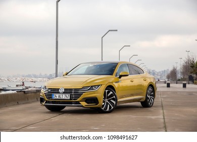 Istanbul/Turkey - March 22 2018 : Volkswagen Arteon is a four-door fastback based on the Volkswagen Group MQB platform. The Arteon has an seven speed automatic transmission. 