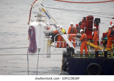 Istanbul/TURKEY, May 15, 2018: Submarine Research Ship And Engineers 