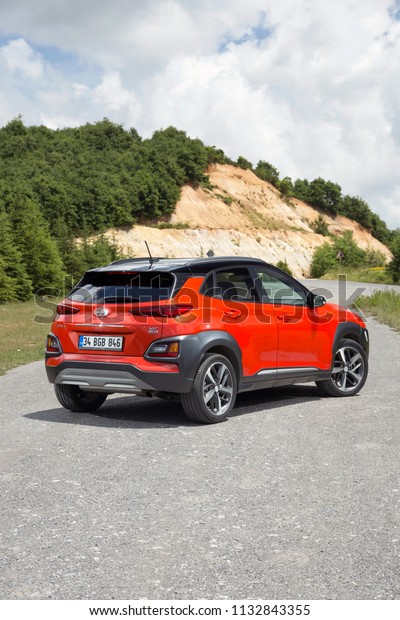 Istanbul/Turkey - May 31 2018 : Hyundai Kona is\
a subcompact five door crossover SUV designed by the South Korean\
manufacturer\
Hyundai.