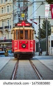 ISTANBUL,TURKEY – October 11,2019 : Nostalgic Traditional Red Tram In Beyoglu. Tramway Line Operates On Istiklal Street (popular Destination In Istanbul) Between Taksim Square And Underground Railway