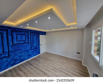 Istanbul,turkey-april 4 2022:parquet Floor, Led Lights On Ceiling, Blue Wall, Empty Luxury Room