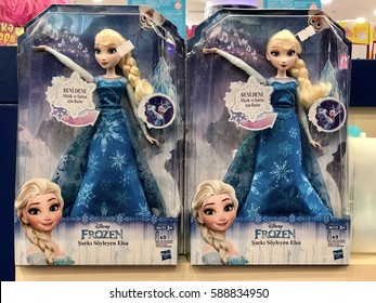 ISTANBUL,TURKEY-FEBRUARY 18,2017:Disney Frozen toys on shelves in Marmara forum shopping Mall,Istanbul